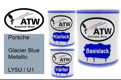 Porsche, Glacier Blue Metallic, LY5U / U1: 1L Lackdose + 1L Klarlack + 500ml Härter - Set, von ATW Autoteile West.